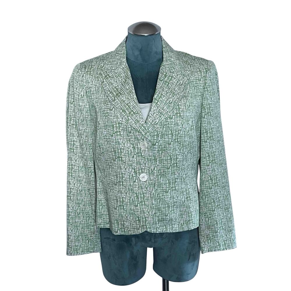 Talbots Silk Blazer 12P Green White Single Breasted Abstract Career Chic Jacket